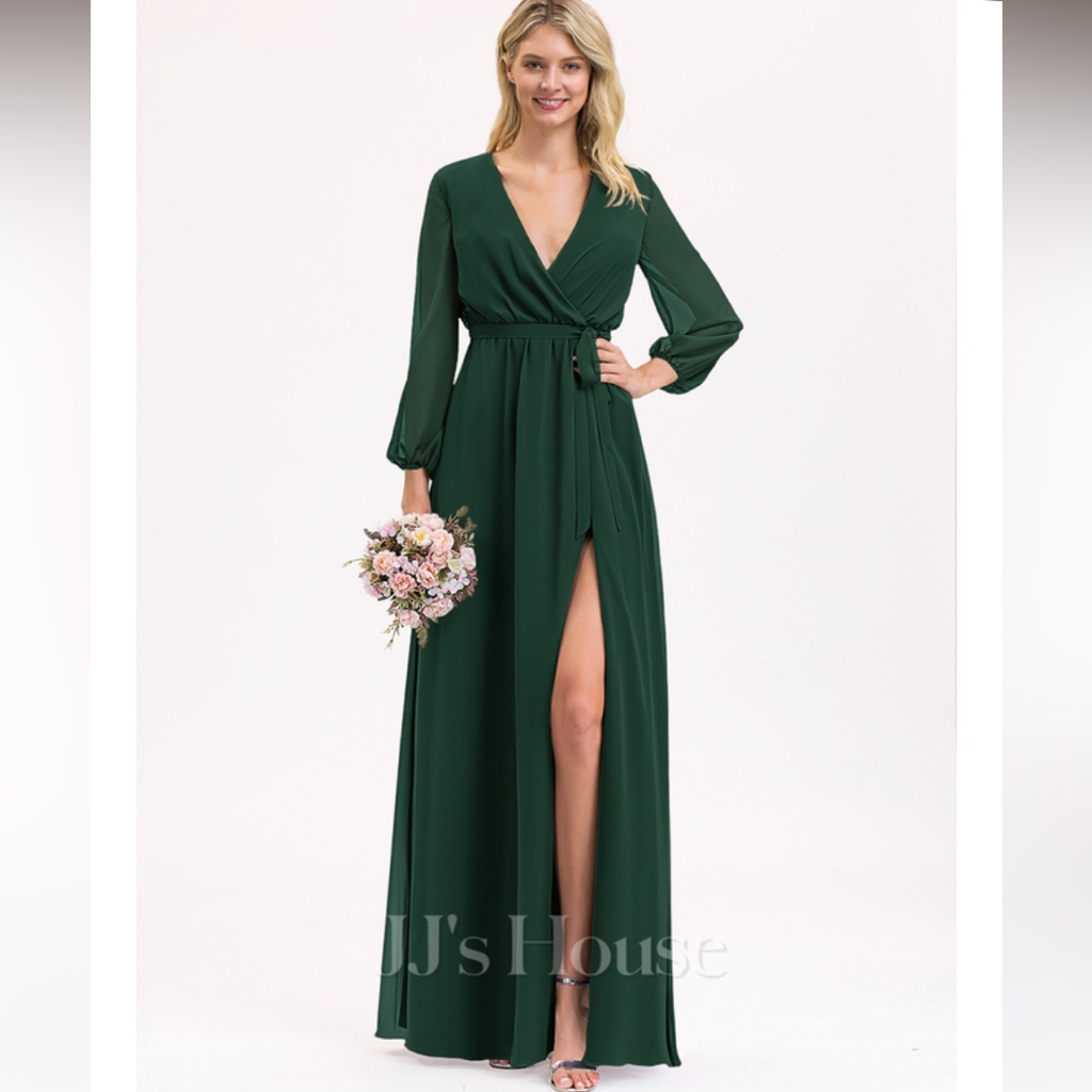 Jj's House Green Long Sleeve A-Line Long Chiffon Bridesmaid Dress 206481 Size 12
